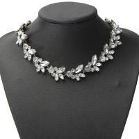 Clear Crystal Leaf Bib Statement Necklace Metal Chain Choker