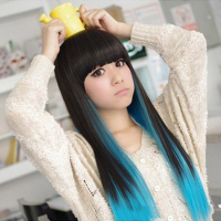 Cosplay High Temperature Heat Resistant Black Blue Highlight Fiber Long Straight Hair Wig