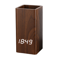Creatieve houten pennenhouder klok USB stemgestuurde digitale pennenhouder wekker met LED potloodorganizer met LED