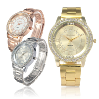 Crystal Roman Number Stainless Steel Band Wristwatch Analog Quartz Wrist Watch