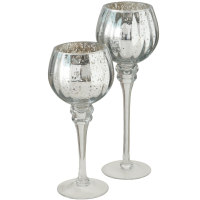 Luxe glazen design kaarsenhouders/windlichten set van 2x stuks metallic zilver 25 30 cm
