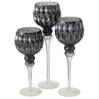 Luxe glazen design kaarsenhouders/windlichten set van 3x stuks antraciet/zilver transparant 30 40 cm