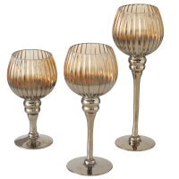 Luxe glazen design kaarsenhouders/windlichten set van 3x stuks brons transparant 20 30 cm
