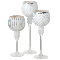 Luxe glazen design kaarsenhouders/windlichten set van 3x stuks zilver/wit transparant 30 40 cm