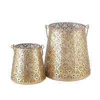 Set van 2x stuks windlichten antiek goud van metaal 14.5 En 21 cm