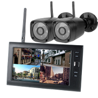 Draadloos beveiligingssysteem voor camerabewakingsets met 7 inch vierkanaals monitor en twee camera's met nachtzicht en