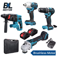 Drillpro 4 delige elektrische gereedschapset, moersleutel, haakse slijper, klopboormachine, borstelloze motor, geleverd