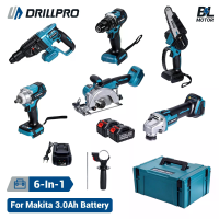 Drillpro 6 in 1 Krachtige gereedschap Combo Kit 3.0Ah Brushless Electric Wrench Impact Drill Angle Grinder Circular Saw