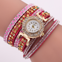 Duoya Fine Leather Band Winding Crystal Ladies Bracelet Watch Elegant Women Analog Quartz Watches