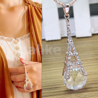 Eiffel Tower Rhinestone Crystal Ball Pendant Sweater Chain Necklace