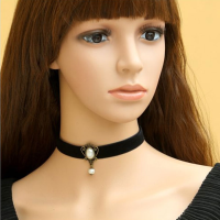 Elegant Gothic Black Fabric Collar Choker Necklace Pearl Pendant
