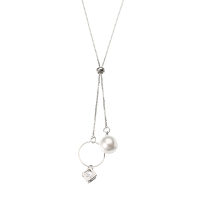 Elegant Pearl And Rhinestone Cube Hoop Pendant Silver Plated Tassel Long Necklace For Women