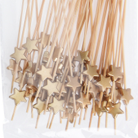 Hapjes Cocktailprikkers met sterretje   goud   50x stuks   bamboe   hapjes prikkers   12 cm