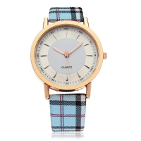 Fashion Grid Pu Leather Round Dial Women Quartz Wrist Watch