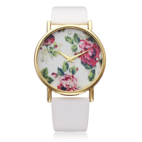 Fashion Pu Leather Rose White Band Crystal Women Quartz Wrist Watch