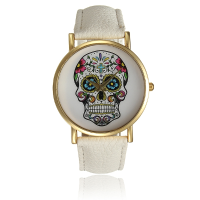 Fashion Skull Golden Round Dial Women Pu Leather Quartz Wrist Watch