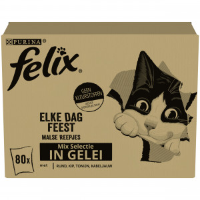 Felix Elke Dag Feest Mix Selectie met tonijn, kabeljauw, rund, kip in gelei natvoer kat 1 doos (80 stuks)