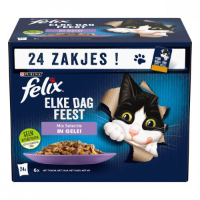 Felix Elke Dag Feest Mix Selectie met tonijn, zalm, rund, kip in gelei natvoer kat 1 doos (24 x 85 g)