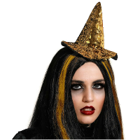 Halloween heksenhoed   mini hoedje op diadeem   one size   goud glitter   meisjes/dames