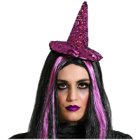 Halloween heksenhoed   mini hoedje op diadeem   one size   paars glitter   meisjes/dames