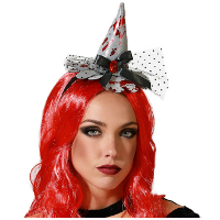 Halloween heksenhoed   mini hoedje op diadeem   one size   zilver/bloed   meisjes/dames