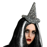 Halloween heksenhoed   mini hoedje op diadeem   one size   zilver glitter   meisjes/dames