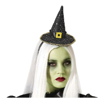 Halloween heksenhoed   mini hoedje op diadeem   one size   zwart/goud   meisjes/dames