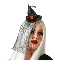 Halloween heksenhoed   mini hoedje op diadeem   one size   zwart   met sluier   meisjes/dames