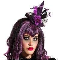 Halloween heksenhoed   mini hoedje op diadeem   one size   zwart/paars   meisjes/dames