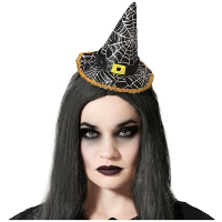 Halloween heksenhoed   mini hoedje op diadeem   one size   zwart/zilver   meisjes/dames