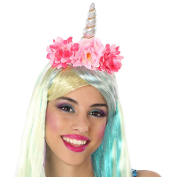 Verkleed haarband Unicorn/Eenhoorn   roze gekleurd   meisjes/dames   met bloemen
