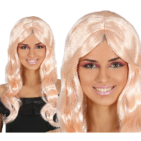 Carnaval verkleedpruik voor dames   lang haar   golvend   lichtroze   Prinses/Diva/jaren 70