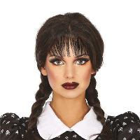Fiestas Halloween verkleedpruik   lang haar   zwart   dames   Wednesday   vlechten