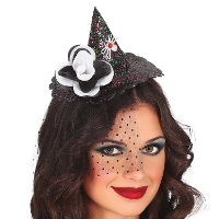 Halloween heksenhoed   mini hoedje op diadeem   one size   zwart glitter   meisjes/dames