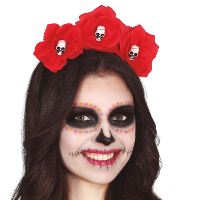 Halloween verkleed diadeem   bloemen en schedels   one size   rood