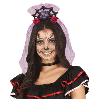Halloween verkleed diadeem   sluier met bloemen   one size   lila paars
