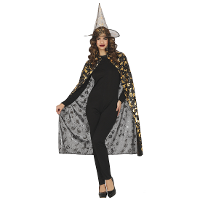 Heksen verkleed setje volwassenen   hoed en cape   zwart/goud   Halloween/carnaval verkleed set
