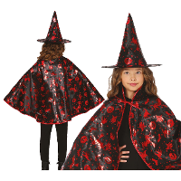 Heksen verkleed setje voor kinderen   hoed en cape   zwart/rood   Halloween/carnaval verkleed access