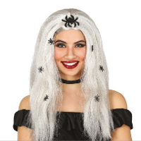 Horror verkleed pruik met zwarte spinnen voor dames   Halloween heksen accessoires   Grijs