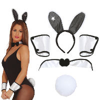 Sexy bunny verkleed set   staart/strikje/oren/armbanden   wit/zwart   dames   4 delig