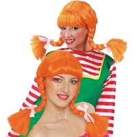 Sterk meisje carnaval verkleed pruik oranje   met staartjes   voor dames