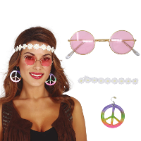Verkleed accessoire set Hippie   Carnavalskleding   3 delig   hoofdband/bril/oorbellen
