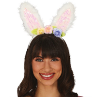 Verkleed diadeem paashaas/bunny oren met bloemen   wit   meisjes/dames   Carnaval