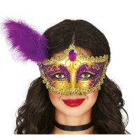 Verkleed oogmasker Venitiaans   paars met veer   volwassenen   Carnaval/gemaskerd bal
