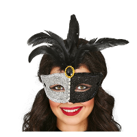 Verkleed oogmasker Venitiaans   zwart/zilver met veren   volwassenen   Carnaval/gemaskerd bal
