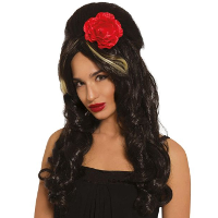 Verkleed pruik Amy Winehouse   met rode roos   bruin met witte lok   popster