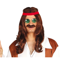 Fiestas Guirca Verkleed pruik heren Hippie   haar en snor met hoofdband   bruin   stoner/chong/70's