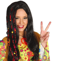 Verkleed pruik jaren 70 voor dames   hippie stijl   zwart   stijl   met kralen   thema feest