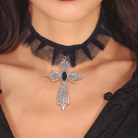 Verkleed sieraden ketting met kruis   zwart   dames   kunststof   Heks/Non/Evil Queen