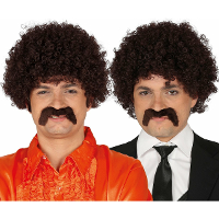 Verkleedpruik afro voor heren met krullen   inclusief snor   bruin   foute party